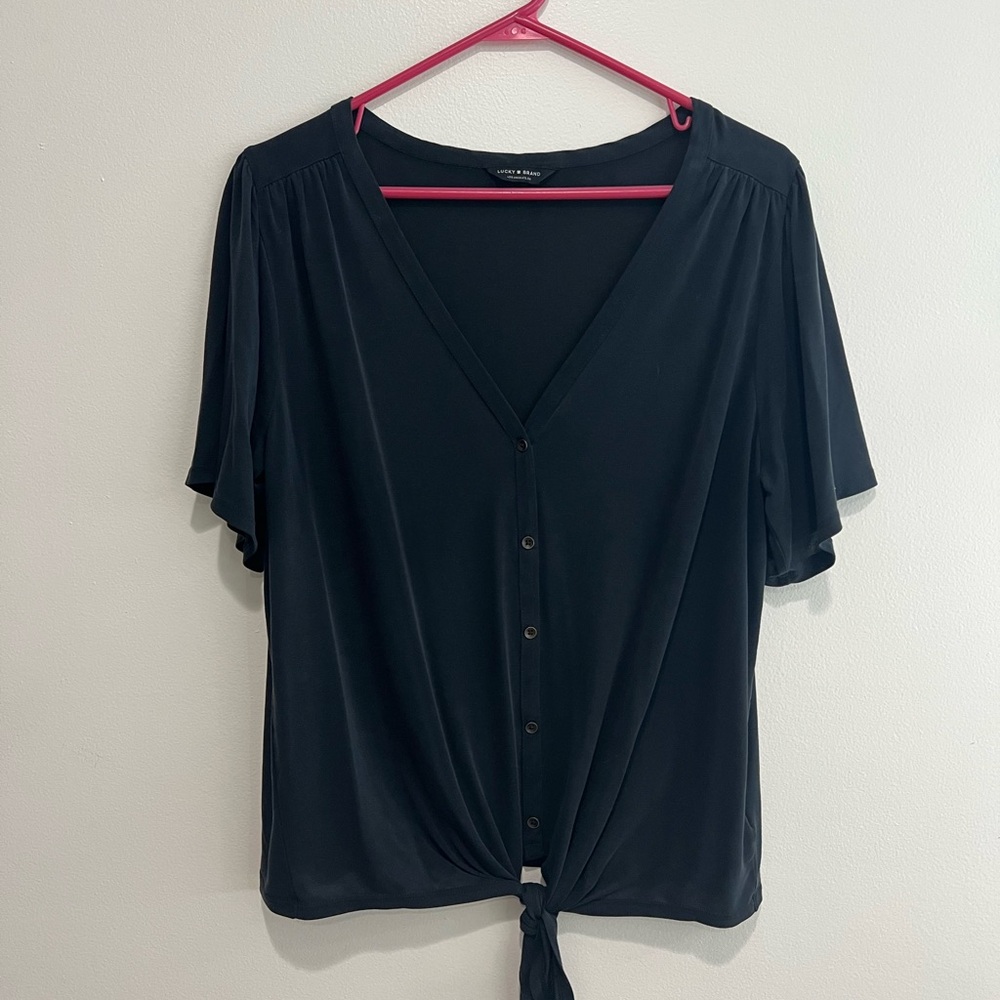 Lucky Brand Black V-Neck Tie Front Blouse